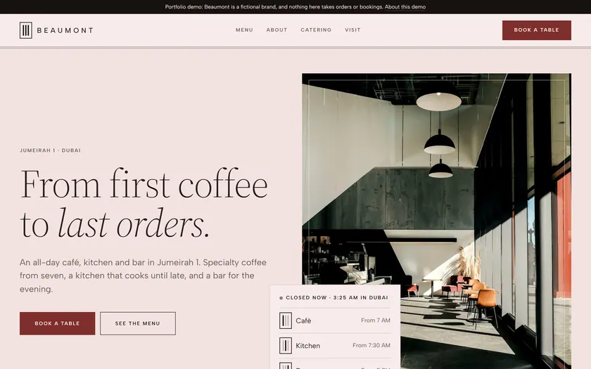 Beaumont's home page: “From first coffee to last orders.”