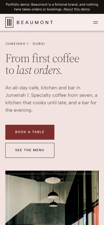 Beaumont's home page: “From first coffee to last orders.”